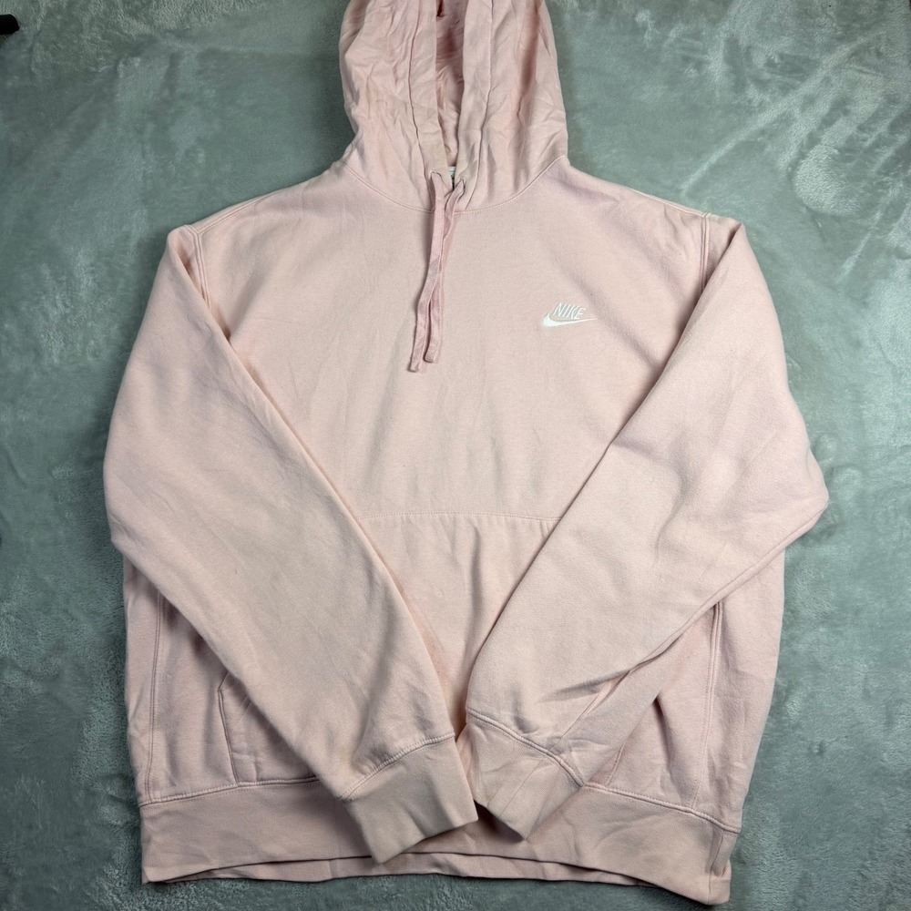 NIKE Womens M Pink Fleece Pullover Hoodie White Embroidered Swoosh Sportswear